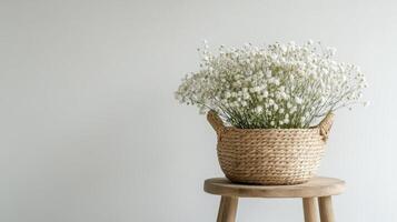 Beautiful white flowers in a woven basket on a wooden stool, perfect for home decor in a minimalist setting photo