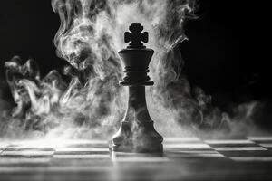 Chess pieces crowned by fog create a dramatic atmosphere in monochrome setting photo