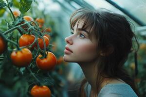 Young woman in a greenhouse surrounded by ripe tomatoes during daylight hours photo
