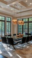 Modern dining area with elegant lighting and open space in a contemporary home photo