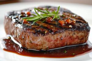 Grilled steak with herbs and sauce served on a white plate photo