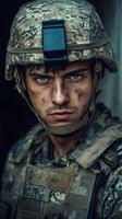 Soldier in vintage military uniform posing with serious expression in natural light photo