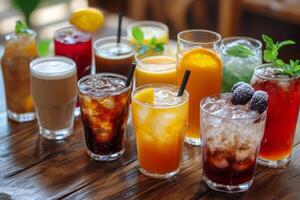 Refreshing assortment of cold beverages on a wooden table in a casual setting photo