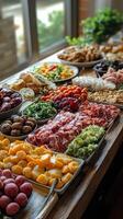 Buffet table filled with assorted food items and fresh ingredients in a cozy setting photo