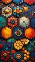 Colorful hexagonal patterns create a vibrant mosaic of art in a gallery photo