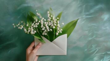 Fresh lilies of the valley bouquet arranged with a white envelope on green leaves photo