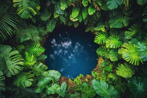 Exploring the lush greenery surrounding a serene pool of water in a dense forest photo