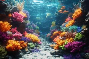 Vibrant coral reef bustling with marine life in a tropical underwater paradise photo