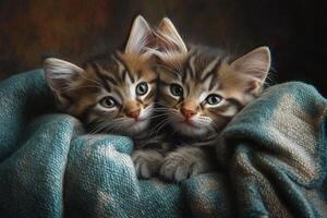Adorable kittens resting together in a cozy blanket on a sunny afternoon photo