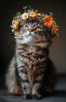 Beautiful fluffy cat with flower crown sits gracefully against dark background photo