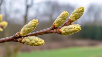 Spring buds emerging on branch in natural setting during early morning light photo