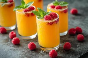 Refreshing tropical fruit drinks with raspberries and mint on a dark background photo