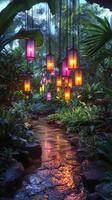 Colorful lanterns illuminate a serene garden path at dusk in a tropical paradise photo