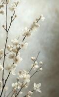White fluffy flowers on a slender branch against a soft neutral background photo