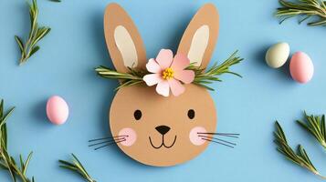Creative Easter table decoration featuring a bunny with floral crown and pastel eggs photo