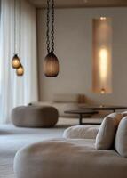 Elegant modern interior featuring stylish lighting and comfortable seating in a serene atmosphere photo