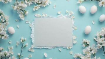 Spring floral arrangement featuring blank paper, eggs, and a bee on a blue background photo