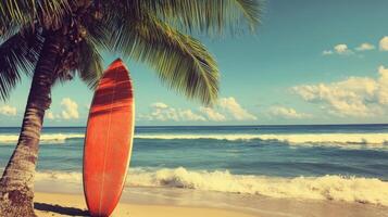 Surfboard resting under palm trees on a quiet beach at sunrise in a tropical paradise photo