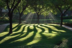 Sunlight filters through leaves creating beautiful patterns on stone pathway in a serene garden setting photo