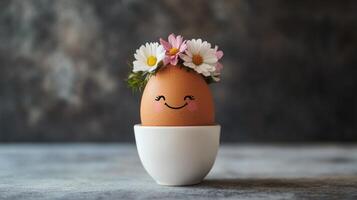 Creative decoration of an egg with flowers in a white cup on a wooden table photo