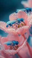 Vibrant blue flies resting on dewy pink flowers in a garden during springtime photo