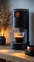 Modern coffee machine brewing fresh espresso in bright kitchen setting photo