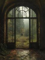 Overgrown mansion seen through a large arched window with natural light and greenery photo