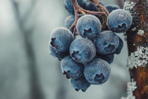 Frost-covered blueberries hanging on branches during winter in a serene forest setting photo