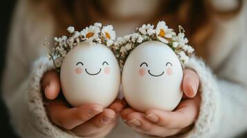 Charming decorated eggs held by hands adorned with flowers in a cozy setting photo