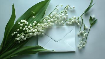 Fresh lilies of the valley bouquet arranged with a white envelope on green leaves photo