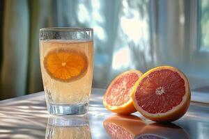 Refreshing drink with grapefruit and ice in a glass on a vibrant background photo