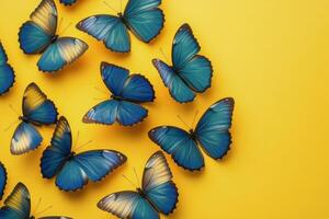 Colorful butterflies resting on a bright yellow background during a sunny afternoon photo