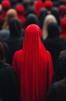 Bright red scarf stands out in a crowd of black-clad individuals during a solemn gathering photo