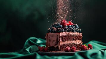 Delicious chocolate cake topped with fresh berries and mint leaves on a dark background photo