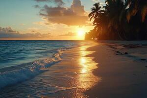 Beautiful sunset over tranquil beach with palm trees and gentle waves photo