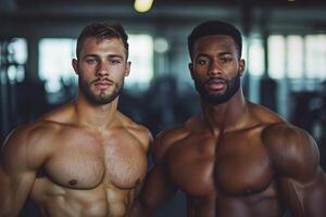 Athletes showcasing strength and muscular physique in a fitness gym environment photo