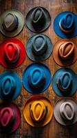 Colorful collection of hats arranged neatly on a wooden surface displaying diverse styles and colors photo
