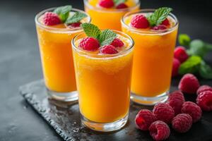 Refreshing tropical fruit drinks with raspberries and mint on a dark background photo