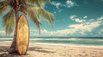 Surfboard resting under palm trees on a quiet beach at sunrise in a tropical paradise photo