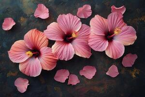 Bright pink hibiscus flowers arranged with scattered petals on a dark background photo