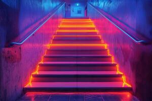 Bright neon-lit staircase in urban setting with vibrant colors creates captivating atmosphere photo