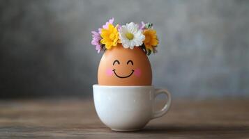 Creative decoration of an egg with flowers in a white cup on a wooden table photo