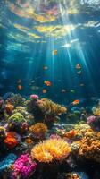 Vibrant underwater coral reef teems with colorful marine life in crystal clear water photo