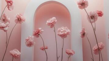 Beautiful arrangement of pink flowers creating a delicate arch on a light background photo