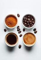 Different stages of coffee preparation with ground coffee and brewed coffee photo