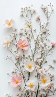 Beautiful arrangement of mixed wildflowers in soft pastel colors on a plain background photo