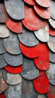 Textured wall with red, white, and gray paint peeling in artistic patterns photo