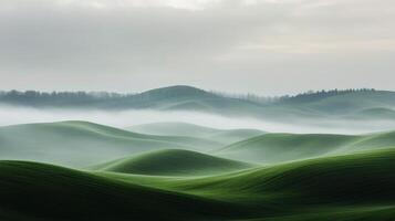 Lush green rolling hills under a soft misty sky in the early morning light photo