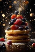 Delicious stack of pancakes topped with berries and syrup in a creative presentation photo
