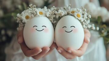 Charming decorated eggs held by hands adorned with flowers in a cozy setting photo